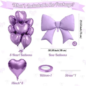 Purple heart and bow balloon set for birthday party decorations and romantic event setups.