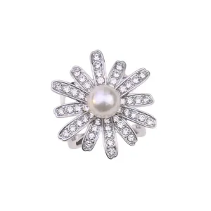 Fibbia per sciarpa a fiore di margherita in strass argento con perla finta donna