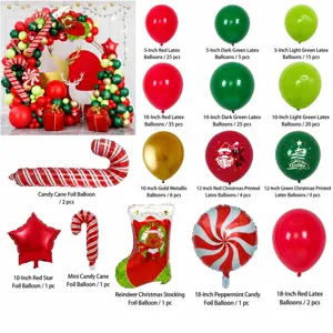 Christmas red balloon garland arch kit with foil candy cane and Santa for party decor.