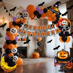 Halloween balloon arch kit with foil latex balloons and hanging banner for party decor