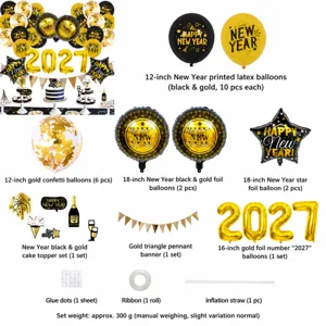 Detailansicht der 2027 Neujahr Party Ballonset Komponenten in Schwarz und Gold.