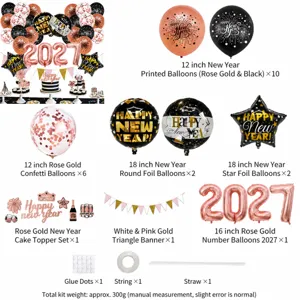Neujahrs-Ballon-Dekorationsdetails mit 2027 Foliennummern und bunten Konfettiballons.