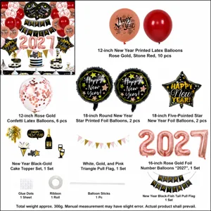 2027 Neujahrs Ballon Dekorationsset mit Roségold und roten Ballons, Girlanden und Dekoration.