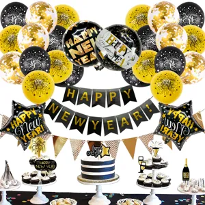 Neujahr Party Dekoration Set mit schwarz goldenen Luftballons Konfetti Banner Kuchendeckel