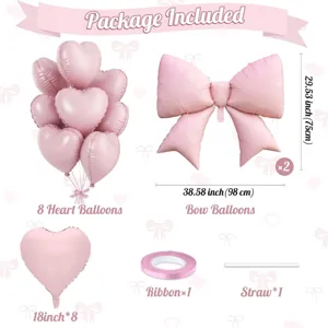 Detailed view of pink heart and bow balloon set with detailed size specs and included items.