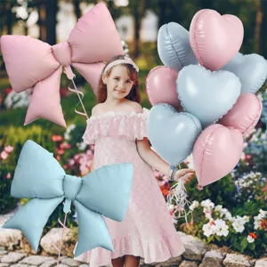 Bow heart balloon set for birthday party decorations, pink and blue giant balloons for events.