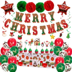 Christmas party decoration set with latex balloons banner pompoms and festive tablecloth