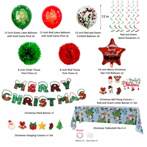 Christmas theme party decoration balloon set with banner tablecloth and festive accessories.