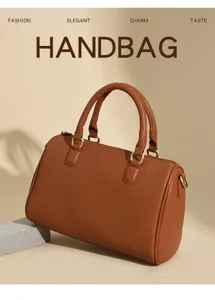 Elegant brown PU leather handbag featuring classic boston barrel design and dual top handles.