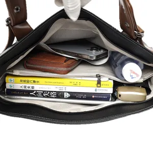Large capacity soft leather tote bag showing spacious interior, retro style casual shoulder bag.