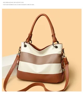 Stylish color-block tote shoulder bag with brown and white stripes for daily commute.