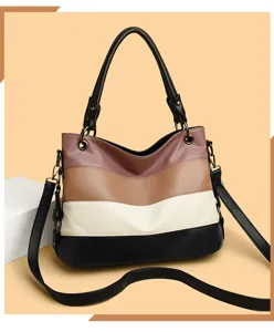 Detailed view of women's color-block tote bag, large capacity commuter shoulder handbag.
