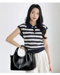 Black soft leather handbag, casual tote shoulder bag for women, lightweight commuting daily use.
