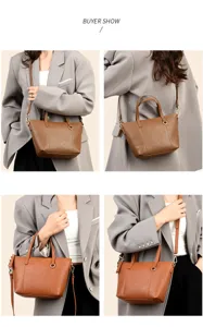 Stylish brown leather tote bag for women, versatile shoulder and crossbody bag design.