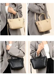 Details of the minimalist women handbag showing versatile shoulder and crossbody wearing styles.