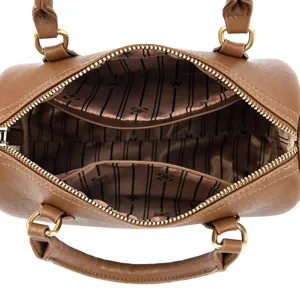 Brown PU leather top-handle handbag, classic Boston shoulder bag design with zipper.