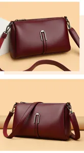 Wine red soft leather women crossbody bag, minimalist stylish shoulder bag for daily commute.