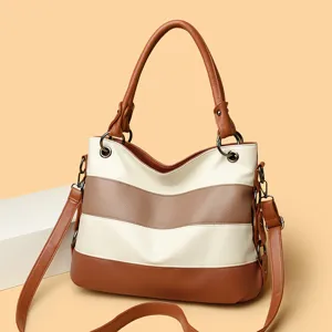 Women Large Capacity Tote Bag PU Leather Colorblock Striped Shoulder Bag Casual Commuter Top Handle Handbag