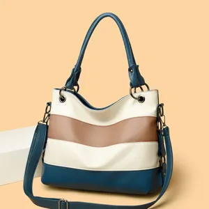 Women color block tote bag large capacity PU leather shoulder handbag for daily commute office.