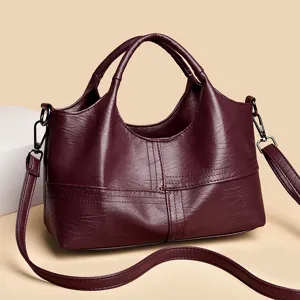 Maroon soft leather handbag for women, large capacity shoulder bag and casual crossbody tote.