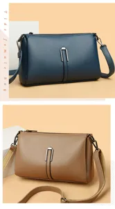 Women soft leather shoulder bag casual crossbody bag with metal buckle and zipper design.