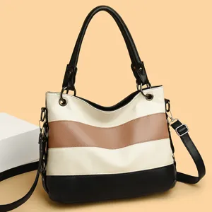 Stylish women colorblock tote bag large capacity PU leather shoulder handbag main view