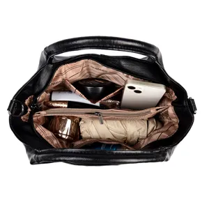 Black leather handbag with large capacity and multi-compartments for daily women commuting.