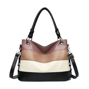 Stylish women colorblock tote bag large capacity PU leather shoulder handbag for daily commute