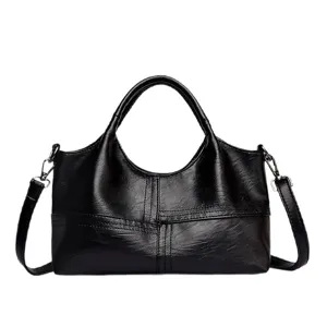 Classic black soft leather handbag for women, casual commuting large capacity shoulder bag.
