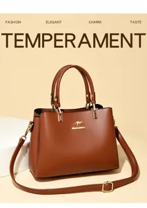 Close-up detail of the stylish brown leather women handbag, showing exquisite hardware and stitching.