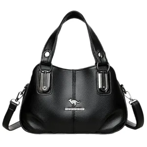Sac a main noir en cuir pour femme, elegante sacoche bandouliere avec accessoires metalliques.