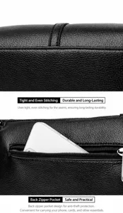 Close-up of black leather cross-body bag showing neat stitching and back zipper pocket.