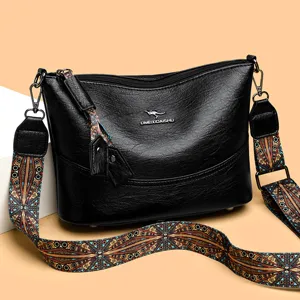 Γυναικείo Δερμάτινο Bucket Bag Τσάντα Χιαστί Ώμου Πολυεπίπεδη με Φερμουάρ Casual