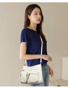 Borsa a tracolla bianca casual da donna con tasche multiple, borsa elegante.