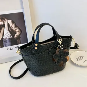 Women PU Leather Bucket Bag Retro Monogram Handbag Casual Top Handle Shoulder Crossbody Bag With Flower Pendant