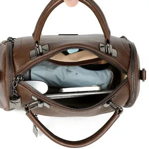 Stylish brown leather barrel handbag top handle shoulder bag with large storage capacity for women