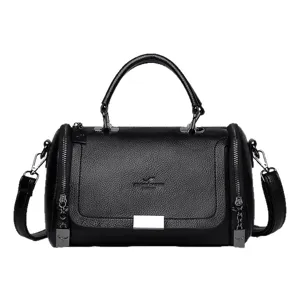 Black leather handbag, stylish top-handle shoulder bag with large capacity for women.