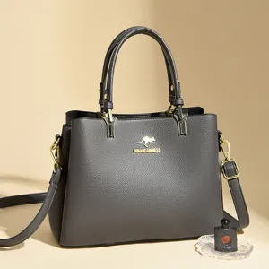 Dark grey women leather handbag stylish top handle tote bag with crossbody strap for ladies