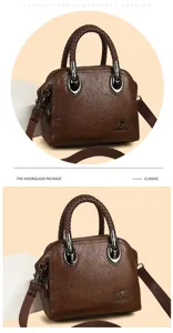 Vintage brown textured leather handbag with braided handle and multi-layer design for women.
