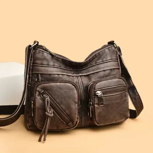 Borsa a tracolla donna vintage multi tasche marrone scuro in ecopelle casual borsa