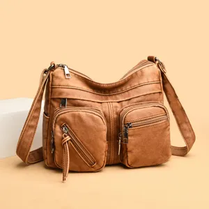 Borsa a tracolla marrone da donna elegante con tasche multiple per la vista principale