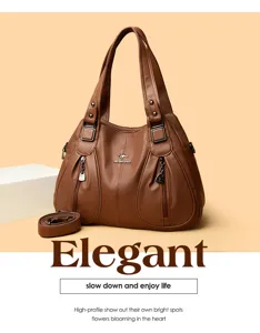 Stylish brown leather tote bag for women, large capacity shoulder and crossbody bag for daily wear.