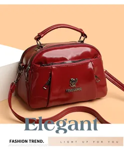 Red patent leather women crossbody bag, top handle shoulder bag with dual zipp