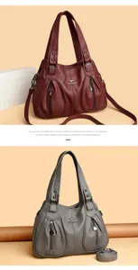 Women's large capacity shoulder bag, multi-pocket PU leather messenger handbag for daily use.