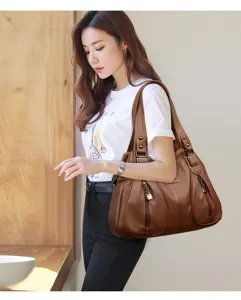Large capacity brown PU leather shoulder bag detail, stylish multi-pocket design for women.