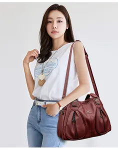 Burgundy leather shoulder bag, large capacity daily tote with front zipper pockets and durable hardware.