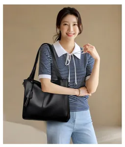 Stylish women's black leather tote shoulder bag with large capacity for daily commuting.
