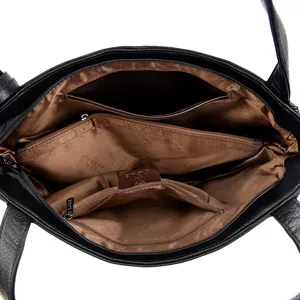 Women black leather shoulder bag large capacity multi pocket interior main view.