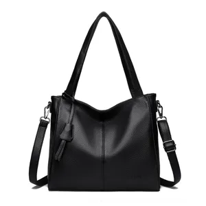 Black leather shoulder bag for women, large capacity multi-compartment crossbody tote.