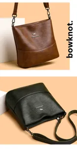 Retro soft leather shoulder bag for women, stylish bucket handbag for daily commute.